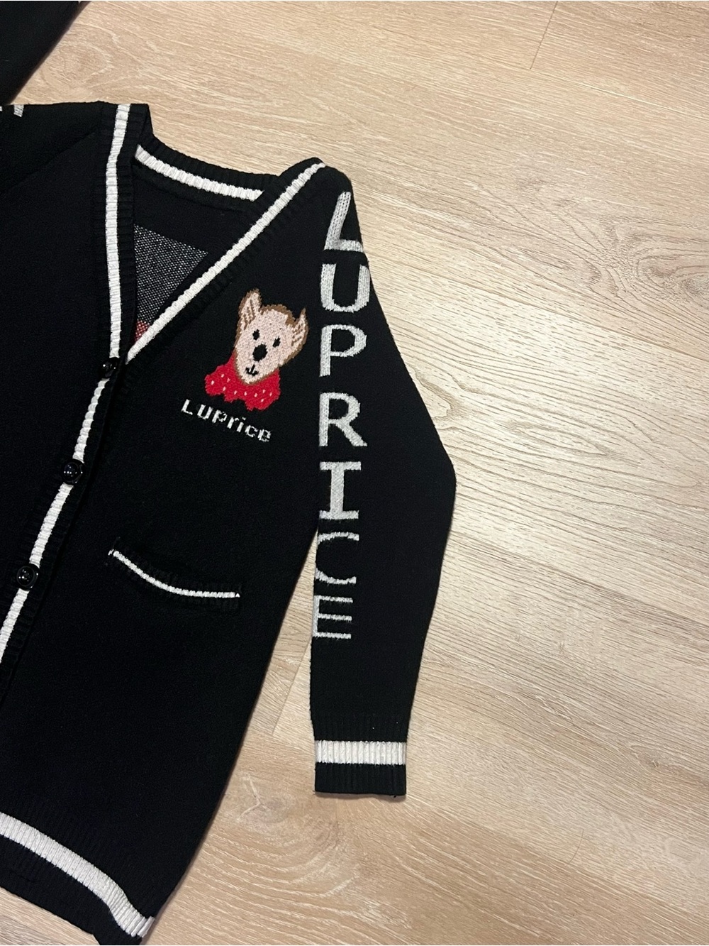 Luprice Teddy Bear Varsity Knit Cardigan Black White Button Front No Tags Small - Picture 9 of 13